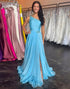 One Shoulder A Line Beaded Ruched Blue Prom Dress