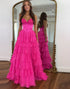 Fuchsia Strapless Corset A Line Tiered Prom Dress with Slit