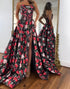 Black Red Floral A Line Corset Strapless Prom Dress