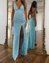Beaded Sheath V-Neck Blue Prom Dress with Slit