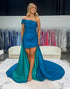One Shoulder Bodycon Ruched Blue Prom Dress with Cape