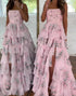 Pink Floral A Line Tiered Beaded Backless Prom Dress