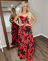 Strapless Tiered A Line Corset Black Red Floral Prom Dress