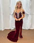 Velvet Off the Shoulder Mermaid Sequin Burgundy Prom Dress
