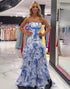 Strapless Mermaid Tiered White Blue Floral Prom Dress