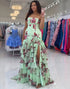 Green Floral Tiered Strapless Mermaid Prom Dress with Slit