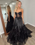 Sparkly Black Spaghetti Straps Ruffled A Line Prom Dress