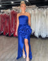 Strapless Ruched 3D Flower Royal Blue Prom Dress