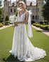 Ivory A Line Lace Bowed Sweep Train Wedding Dress