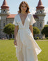 White Ruffled A Line Ruched V Neck Wedding Dress