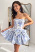 A-Line Blue Strapless Pearl Jacquard Floral Short Homecoming Dress with Bow
