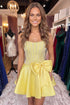 Satin Strapless Yellow A-Line Pearls Corset Homecoming Dress with Bow