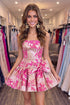 A-Line Fuchsia Strapless Floral Jacquard Short Homecoming Dress with Bow