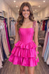 Fuchsia Square Neck A-Line Corset Tiered Satin Beaded Short Homecoming Dress