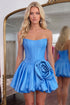 Satin Blue Strapless A-Line Corset Floral Homecoming Dress with Lace Up Back