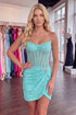Green Strapless Bodycon Sheer Corset Beaded Ruched Homecoming Dress