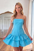 Strapless A-Line Blue Ruffled Homecoming Dress with Bow