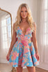 Blue Red Flower A-Line Jacquard V-Neck Homecoming Dress with Bow