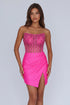 Fuchsia Bodycon Strapless Sheer Corset Ruched Beaded Homecoming Dress with Slit