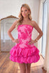 Fuchsia Strapless A-Line Tiered Floral Homecoming Dress with Ruffles