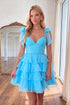 Blue A-Line Tiered Chiffon Bow Straps Homecoming Dress