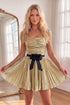 Metallic Golden A-Line Strapless Pleated Ruched Homecoming Dress with Bow