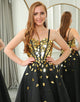 Black Golden Sequins A Line Long Prom Dress With Mirror
