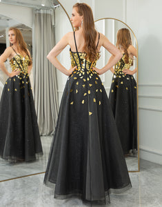Black Golden Sequins A Line Long Prom Dress With Mirror