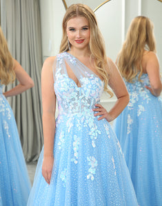 Light Blue A Line One Shoulder Long Prom Dress With Appliques