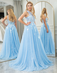 Light Blue A Line One Shoulder Long Prom Dress With Appliques