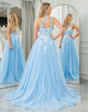 Light Blue A Line One Shoulder Long Prom Dress With Appliques