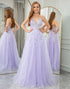 Lilac A Line Tulle Backless Long Prom Dress With Appliques