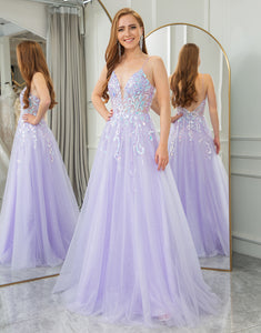 Lilac A Line Tulle Backless Long Prom Dress With Appliques