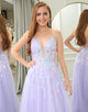 Lilac A Line Tulle Backless Long Prom Dress With Appliques