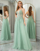 Green A Line Tulle Long Prom Dress With Appliques