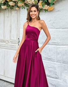 A-Line One Shoulder Burgundy Long Bridesmaid Dress with Ruffles