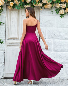 A-Line One Shoulder Burgundy Long Bridesmaid Dress with Ruffles