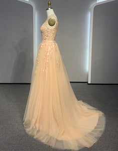 Champagne V Neck A Line Ivory Wedding Dress With Appliques