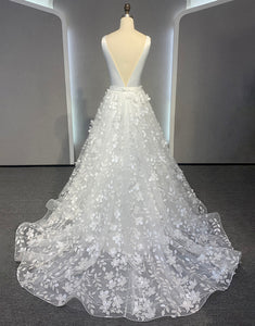 V Neck Open Back A Line Ivory Wedding Dress With Appliques