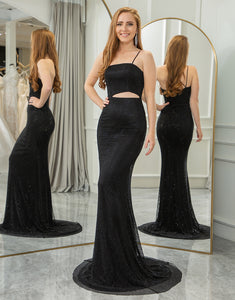 Glitter Black Mermaid Spaghetti Strap Long Prom Dress