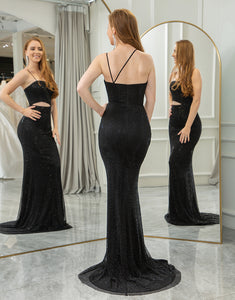 Glitter Black Mermaid Spaghetti Strap Long Prom Dress