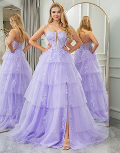 Lilac A Line Appliqued Long Prom Dress With Slit