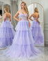 Lilac A Line Tiered Tulle Long Prom Dress With Beaded Flower Appliques