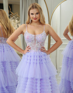 Lilac A Line Tiered Tulle Long Prom Dress With Beaded Flower Appliques