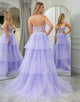 Lilac A Line Tiered Tulle Long Prom Dress With Beaded Flower Appliques