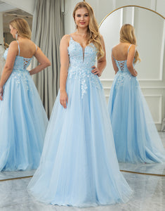 Light Blue A Line Long Prom Dress With Appliques