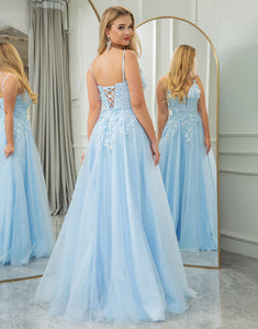 Light Blue A Line Long Prom Dress With Appliques