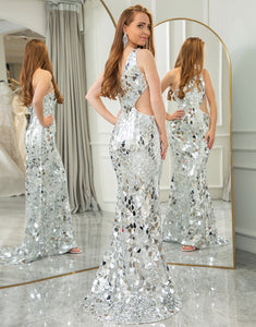 Sparkly Silver Mermaid One Shoulder Long Prom Dress