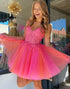 Hot Pink Tulle A-Line Short Homecoming Dress with Lace