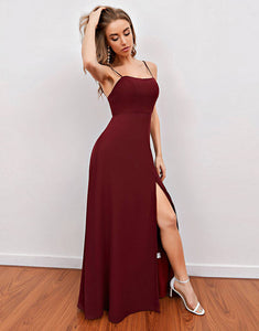 Burgundy Spaghetti Straps Long Bridesmaid Dress with Split